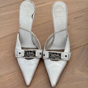 Dior Cream Pointed Leather Slip-On Mules with Logo Plaque
